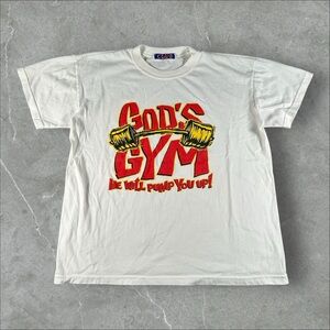 Vintage God’s Gym Shirt Mens‎ Small White 90s Jesus Religion Gym Parody Workout
